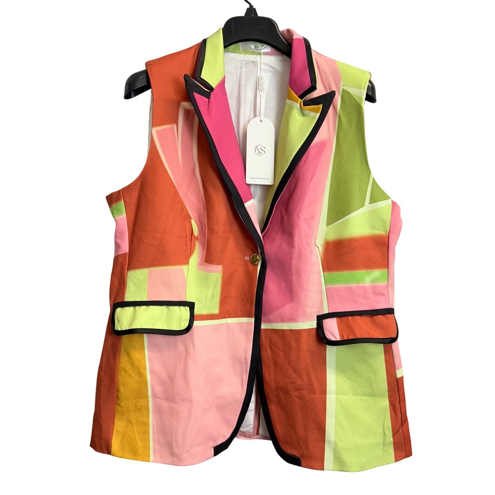 NEW MieSuit Womens Geometric Colorblock Sleeveless Blazer Vest XL Pink Orange